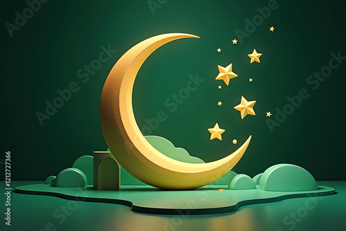 3D crescent moon and stars with golden archway on a rich green gradient background