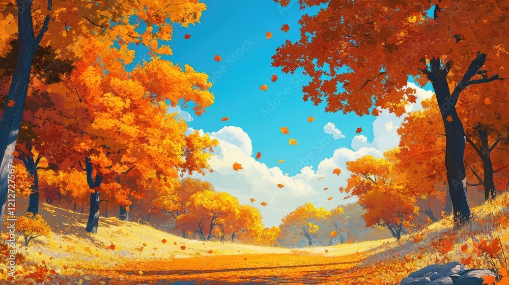 Fototapeta premium Vibrant autumn landscape featuring golden yellow and fiery orange maple trees with falling leaves under a bright blue sky in a serene park setting