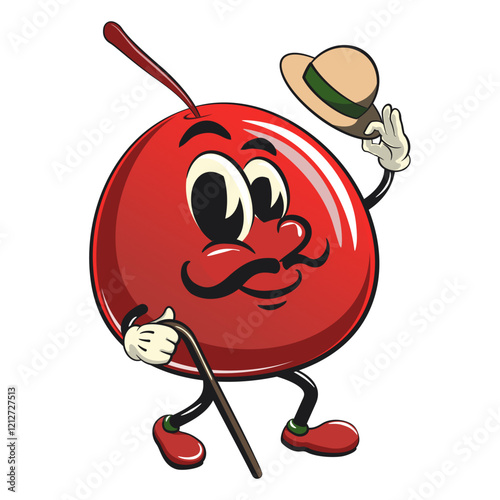 Cute red cherry fruit vektor illustration mascot character walk with a stick and saluting with raised hat, work of hand drawn