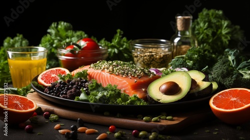 A vibrant gourmet salad with fresh salmon, caviar, and crisp vegetables makes a healthy and elegant lunch option photo