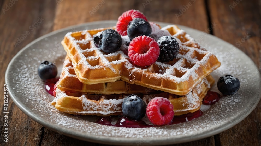 A plate of waffles topped with berries and powdered sugar, served for breakfast or dessert. A plate of waffles topped with berries and powdered sugar, served for breakfast or dessert.