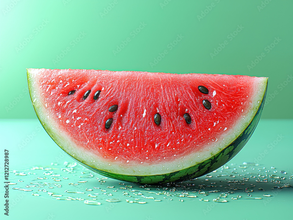 Vibrant watermelon slice with water droplets on green background Vibrant watermelon slice with water droplets on green background