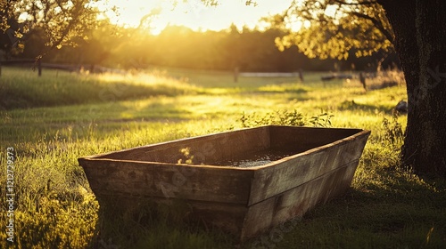Rustic Wooden Water Trough Bathed in Golden Morning Light on Serene Pastoral Landscape
