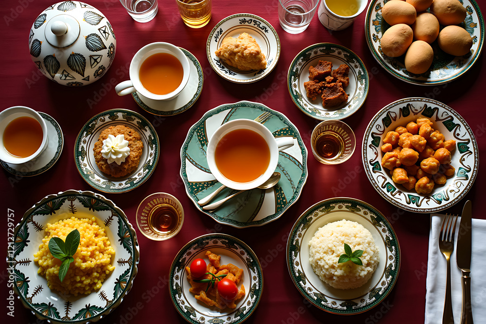 Top-down view of Ramadan Iftar spread with traditional Arabic dishes and decorative tableware Top-down view of Ramadan Iftar spread with traditional Arabic dishes and decorative tableware