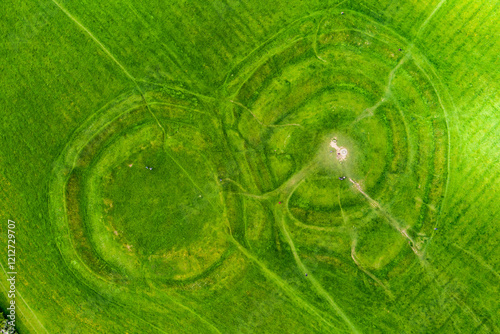 Aerial view of the Hill of Tara, an archaeological complex, containing a number of ancient monuments, County Meath, Ireland photo