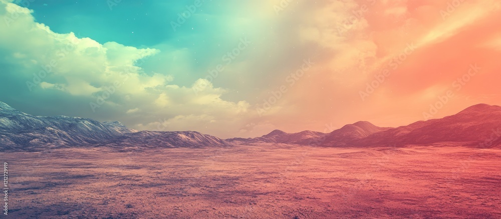 Vibrant expansive barren landscape with a gradient of turquoise and coral skies over distant mountains and open empty foreground space for text. Vibrant expansive barren landscape with a gradient of turquoise and coral skies over distant mountains and open empty foreground space for text.