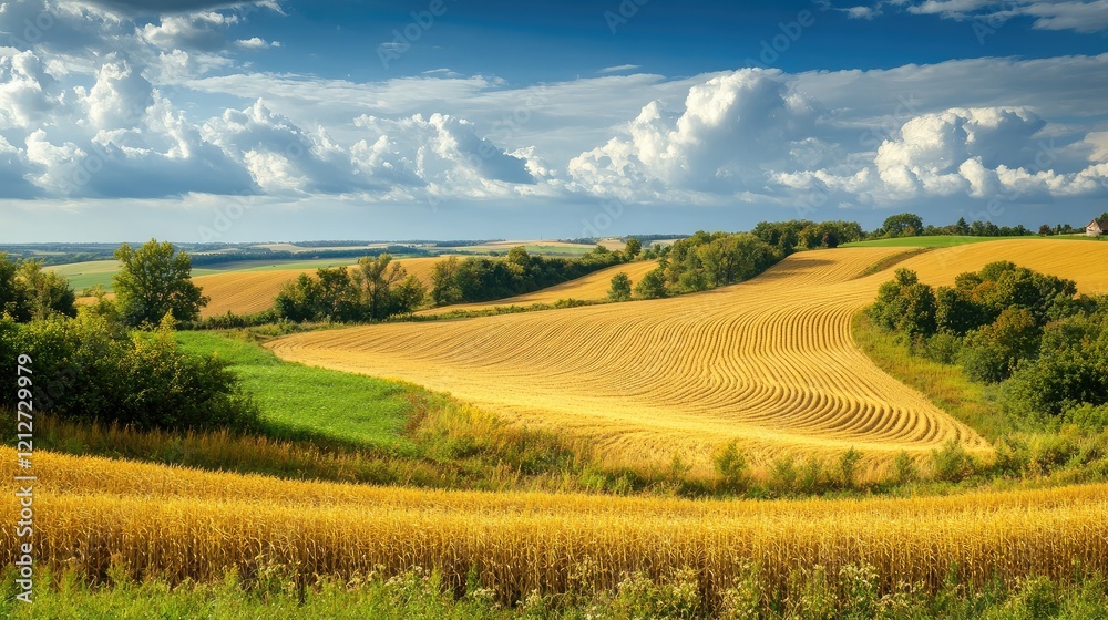 Obraz premium Scenic Rural Landscape with Golden Fields and Lush Greenery Under a Beautiful Sky
