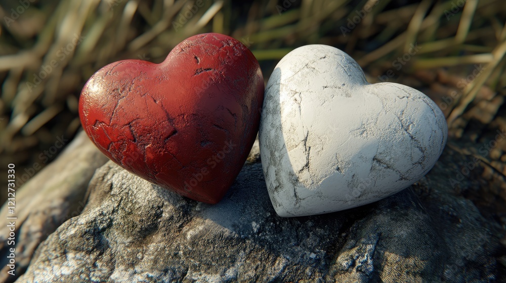 Obraz premium Vintage red and white hearts symbolizing love on a natural stone background reflecting romance and connection in a serene setting