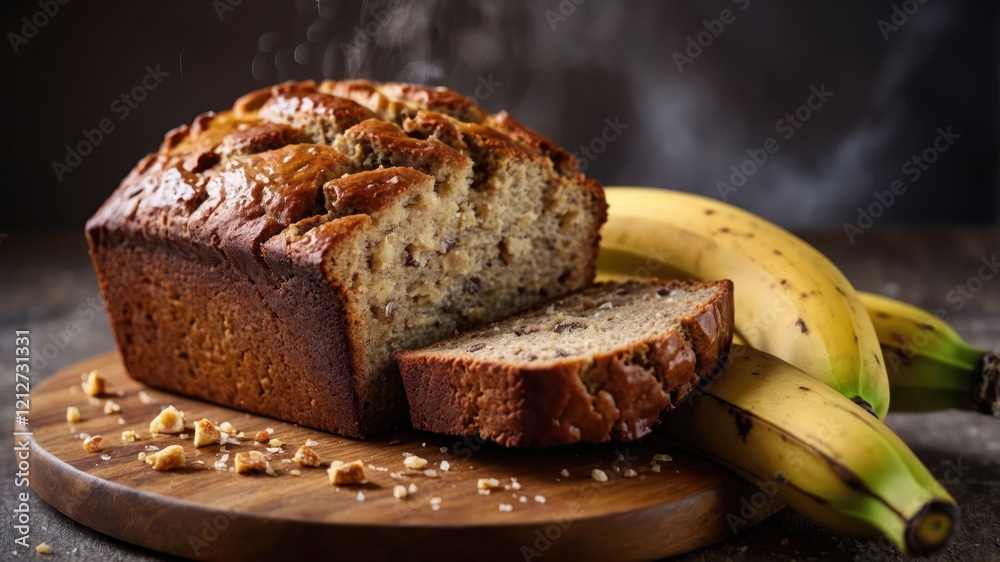A loaf of banana bread on a wooden board with fresh bananas beside it. A loaf of banana bread on a wooden board with fresh bananas beside it.
