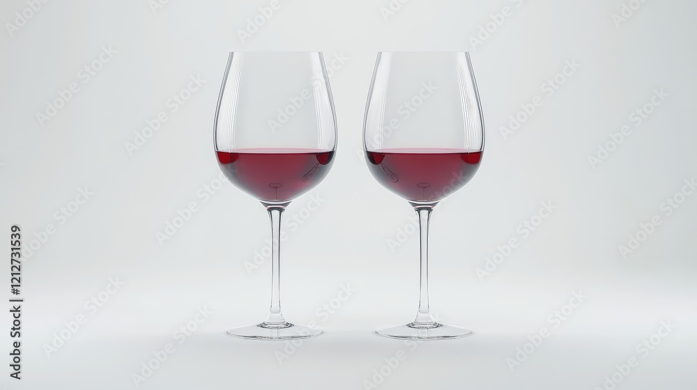 Elegant pair of crystal wine glasses filled with deep red wine on a soft white background showcasing refined tasting theme and luxurious ambience Elegant pair of crystal wine glasses filled with deep red wine on a soft white background showcasing refined tasting theme and luxurious ambience