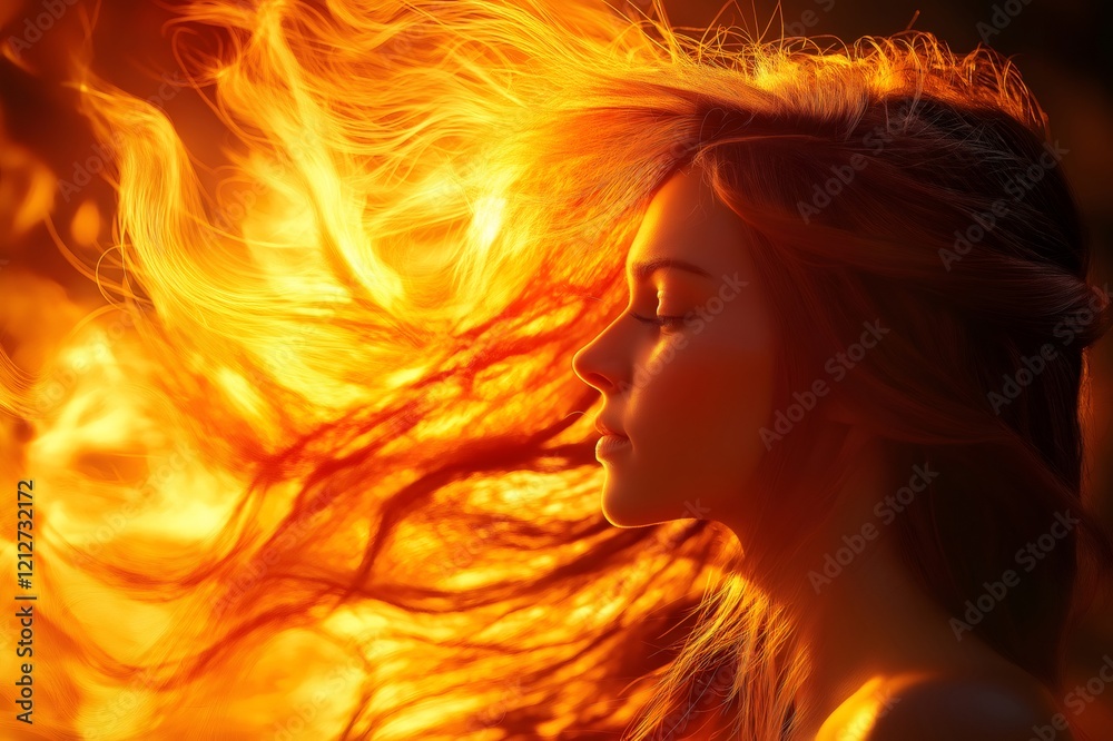 Profile of a beautiful model with long hair flowing like flames, creating a stunning and surreal fiery effect Profile of a beautiful model with long hair flowing like flames, creating a stunning and surreal fiery effect