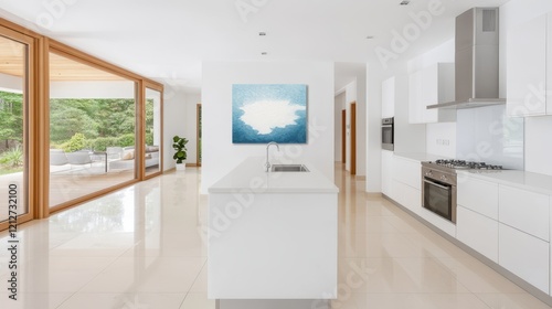 A spacious kitchen features a white island and an artistic painting on the wall  blending functionality with aesthetic appeal for a modern home.