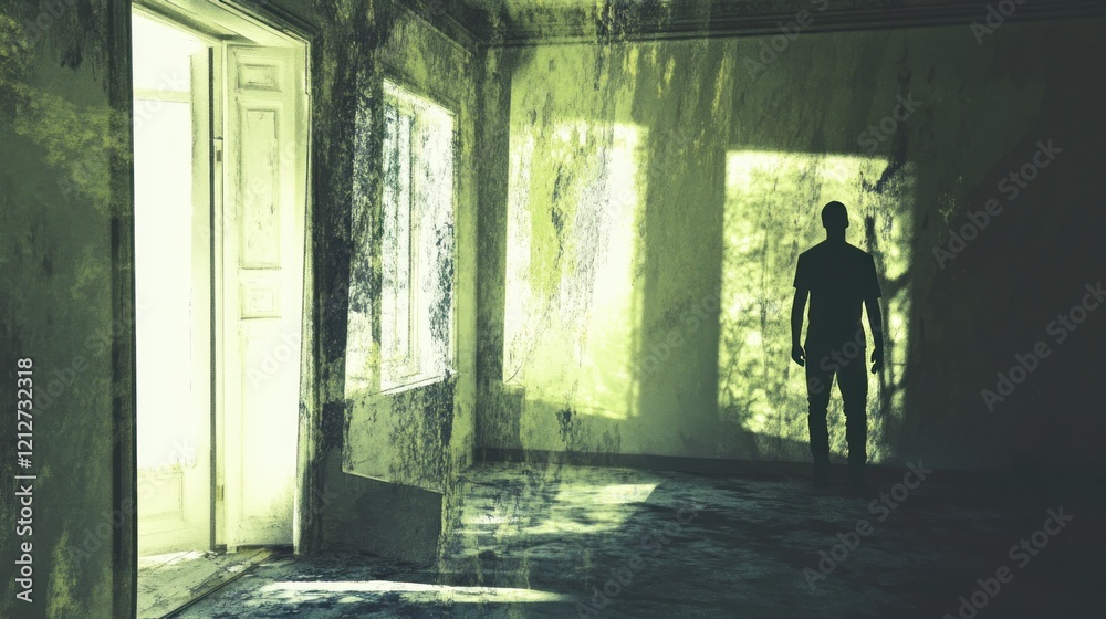 A solitary figure stands in a dilapidated room A solitary figure stands in a dilapidated room