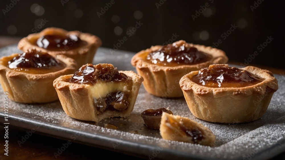 A close-up of delicious fruit tarts with glossy topping on a dark background. A close-up of delicious fruit tarts with glossy topping on a dark background.