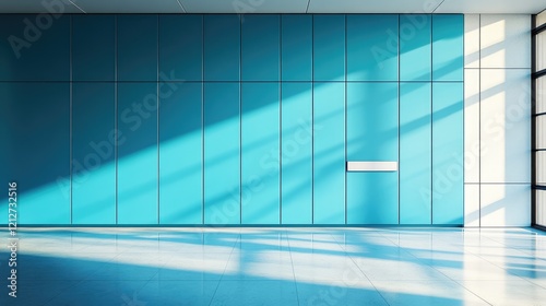 Corporate workspace with vibrant blue locker and blank nameplate on bright white wall  showcasing modern interior design and natural light reflections.