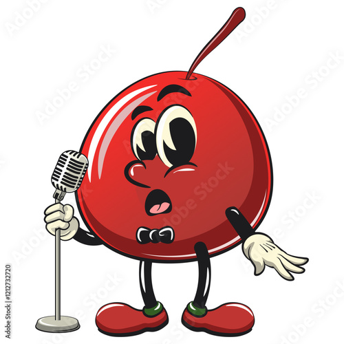 Cute red cherry fruit vektor illustration mascot character on front of the mic become a stand up comedian, work of hand drawn
