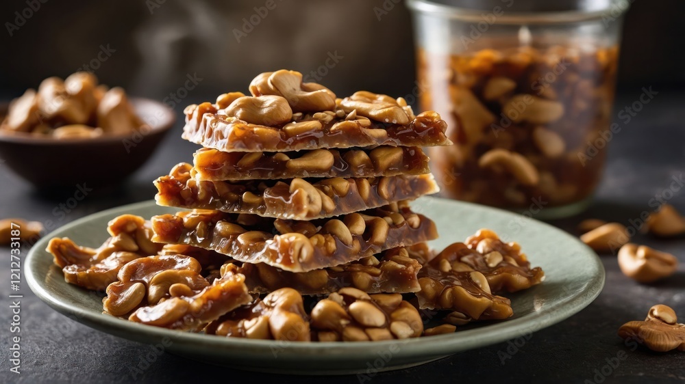 A plate of cashew brittle stacked with a jar of nuts in the background. A plate of cashew brittle stacked with a jar of nuts in the background.