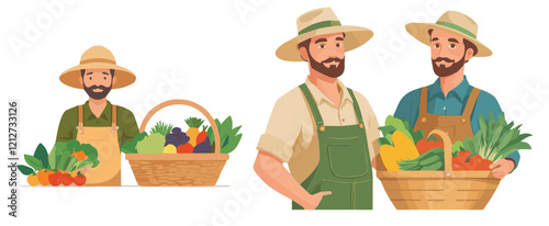 Farmer with basket of fresh fruit an vegetable on white background. vector illustration.