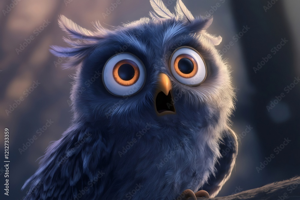 Obraz premium Close up of a fluffy cartoon owl with big surprised eyes and open beak, conveying shock and disbelief