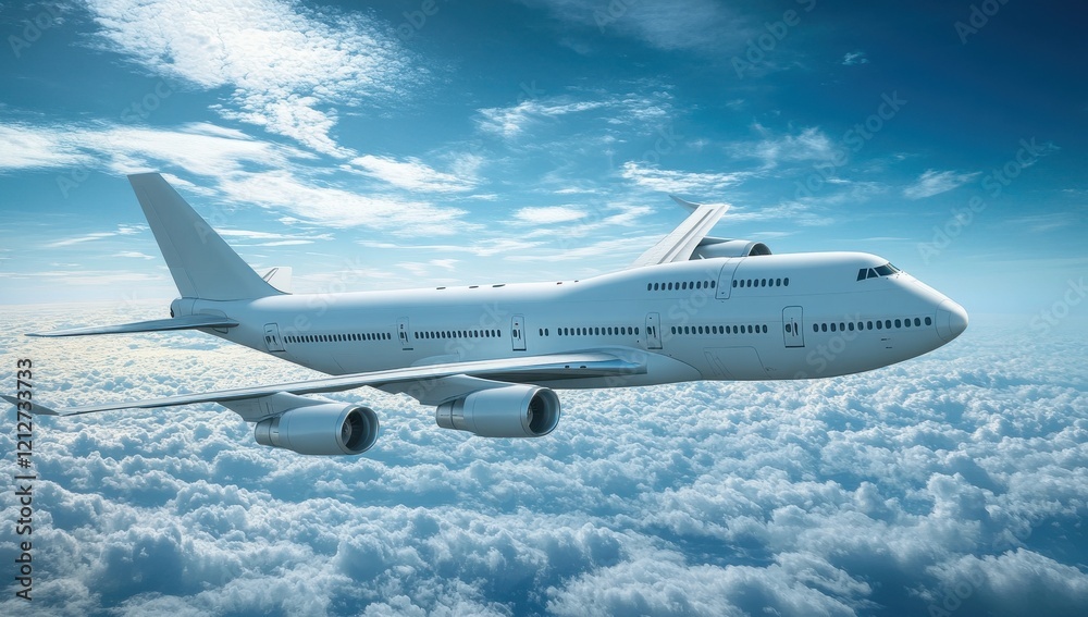 Obraz premium A Majestic White Commercial Airplane Flying Above a Sea of Clouds Under a Bright Blue Sky with Soft White Clouds in a Serene Atmosphere