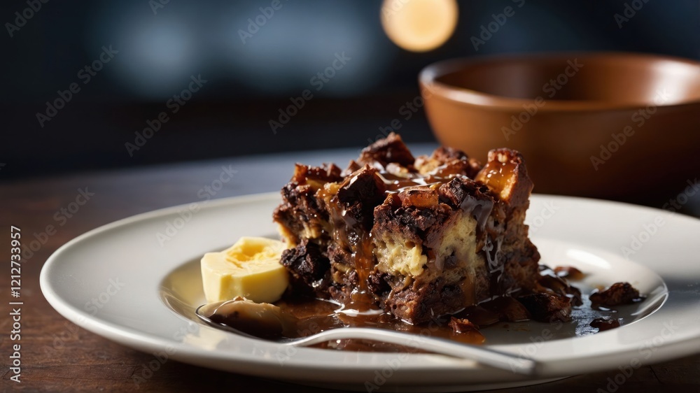 A slice of dessert topped with butter and served on a plate, with a bowl in the background. A slice of dessert topped with butter and served on a plate, with a bowl in the background.