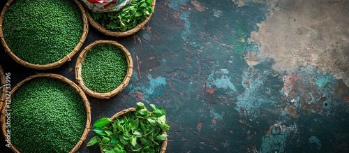 Vibrant Asian market scene showcasing green fenugreek in woven baskets against a textured blue backdrop, ample negative space for text. photo