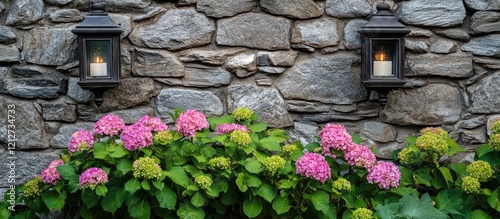 Textured stone wall featuring antique lanterns and vibrant flowering bushes, enhancing outdoor aesthetics and decor in a garden setting.