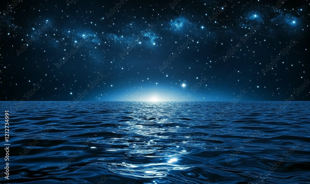 Nighttime view of a serene lake with stars shining above, sparkling ripples, night sky, calm waters Nighttime view of a serene lake with stars shining above, sparkling ripples, night sky, calm waters