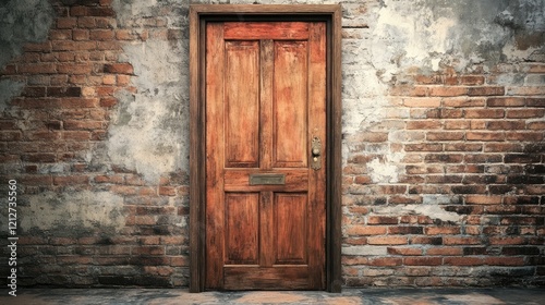 Weathered wooden door against a rustic brick wall creating a vintage ambiance perfect for historic or architectural themes