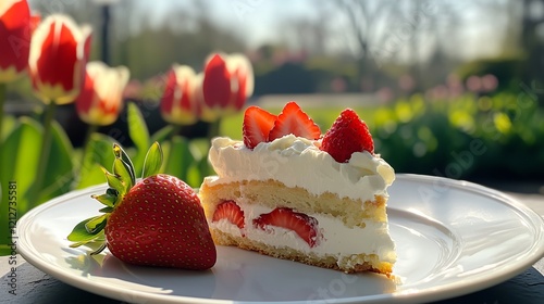 Creamy strawberry chiffon cake slice on white plate with spring tulips garden field park view, huge strawberry aside