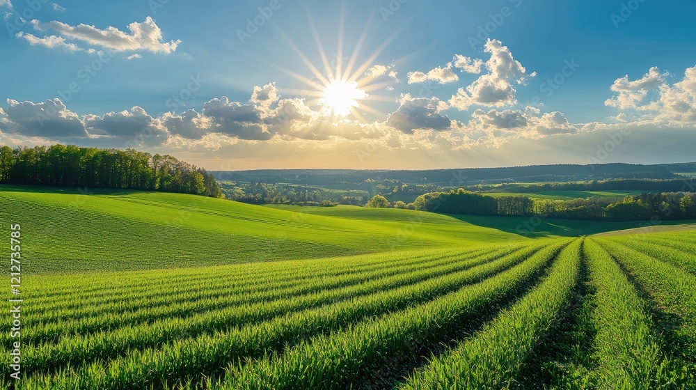 Naklejka premium Lush green agricultural fields under a bright sun showcasing vibrant crops and a picturesque rural landscape at sunset.
