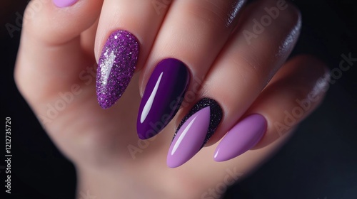 Elegant Violet Nail Art with Sparkling Accents and Stylish Shapes for Manicure Inspiration and Beauty Trends photo