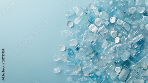 A pile of plastic bottles and other plastic waste on a blue background