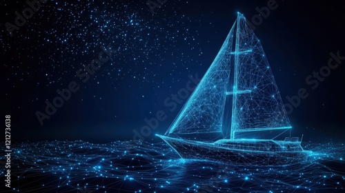 Sailboat with white sail floating on ocean waves with interconnected lines in the background