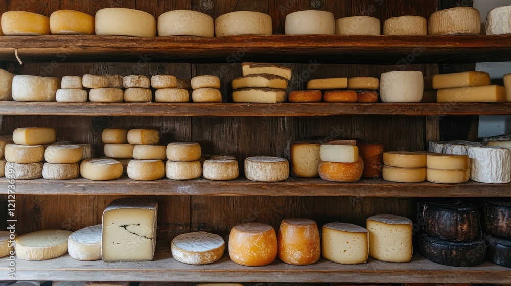 Assorted cheeses displayed on wooden shelves in a grocery store showcasing a variety of textures and colors for culinary enthusiasts Assorted cheeses displayed on wooden shelves in a grocery store showcasing a variety of textures and colors for culinary enthusiasts