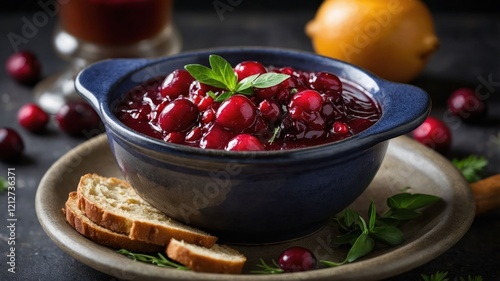 A bowl of cranberry sauce served with slices of bread, garnished with fresh herbs. photo