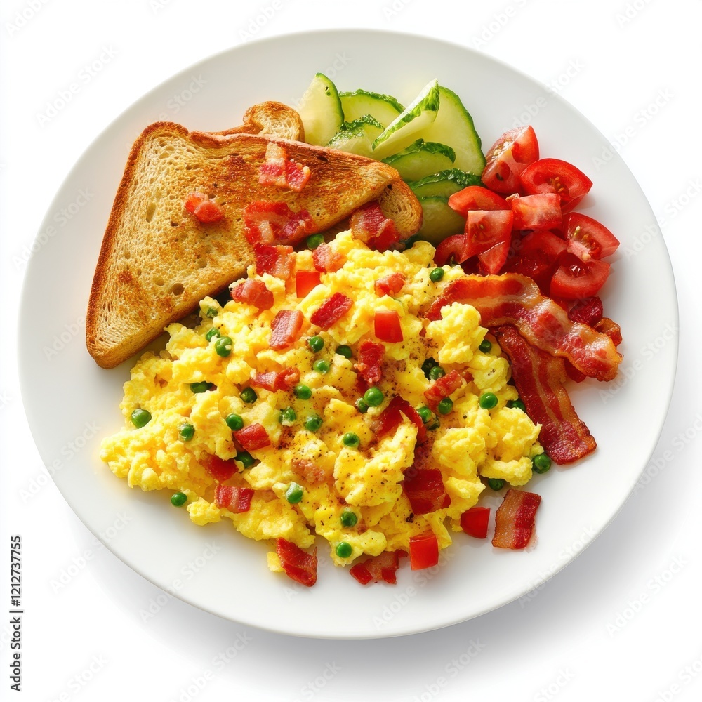 A colorful breakfast plate featuring scrambled eggs with bacon, fresh tomatoes, cucumber slices, and toasted bread. A colorful breakfast plate featuring scrambled eggs with bacon, fresh tomatoes, cucumber slices, and toasted bread.