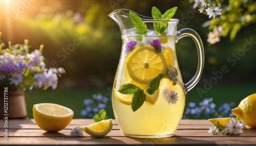 A pitcher of lemonade sits on a table, surrounded by vibrant flowers in a sunny spring garden.