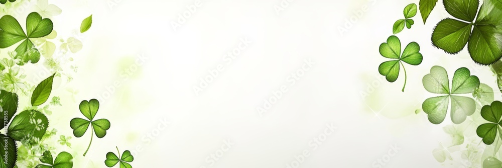 A soft, light abstract background featuring green clovers and leaves on the edges, creating a gentle and serene atmosphere A soft, light abstract background featuring green clovers and leaves on the edges, creating a gentle and serene atmosphere