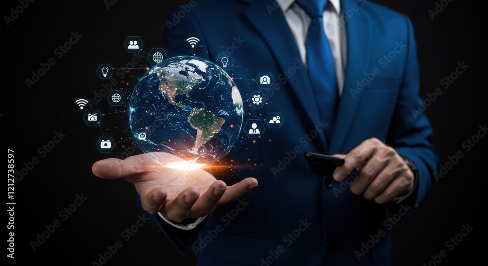 Global network, holographic Earth sphere, businessman's hand, floating icons, digital connectivity, futuristic technology, blue suit, smartphone, dark background Global network, holographic Earth sphere, businessman's hand, floating icons, digital connectivity, futuristic technology, blue suit, smartphone, dark background