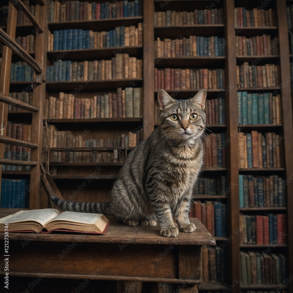 A curious gray tabby cat climbing onto the shelves of an old, dusty library. Books of various sizes and colors are stacked around, and the cat’s wide eyes show fascination as it peers into an open boo A curious gray tabby cat climbing onto the shelves of an old, dusty library. Books of various sizes and colors are stacked around, and the cat’s wide eyes show fascination as it peers into an open boo