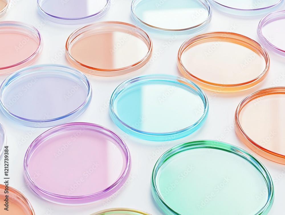 Top-down view of colorful transparent petri dishes on white background for scientific experiments and creative visuals Top-down view of colorful transparent petri dishes on white background for scientific experiments and creative visuals