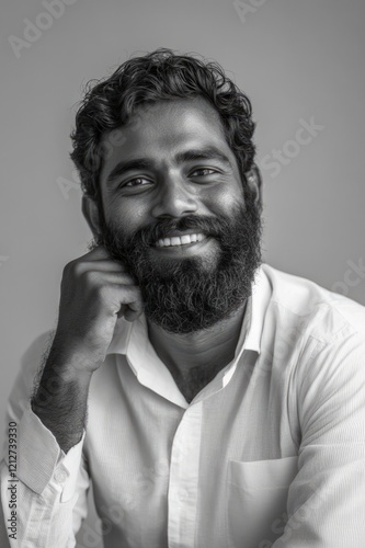 A joyful man with a beard and a bright smile captures the essence of happiness, showcasing authenticity and warmth in his personality. photo