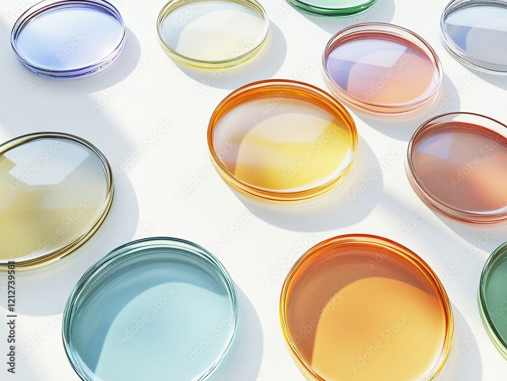 Top-down view of colorful transparent petri dishes on white background for scientific experiments and creative visuals Top-down view of colorful transparent petri dishes on white background for scientific experiments and creative visuals