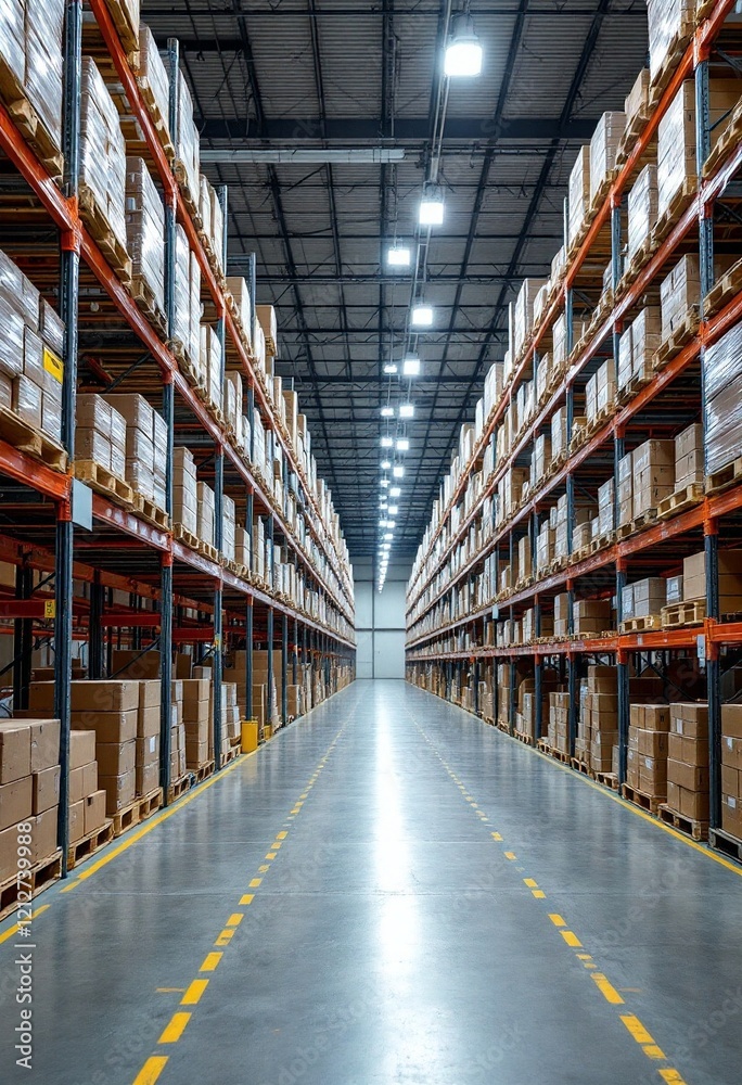 Large warehouse interior with rows of tall shelves stacked with boxes and packages. Long aisle with yellow line down center. Modern industrial storage facility Large warehouse interior with rows of tall shelves stacked with boxes and packages. Long aisle with yellow line down center. Modern industrial storage facility