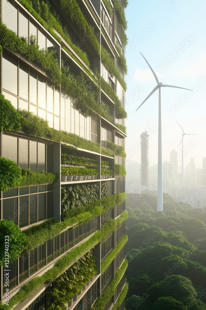 Fototapeta premium A building with a lot of green plants on it and a wind turbine in the background