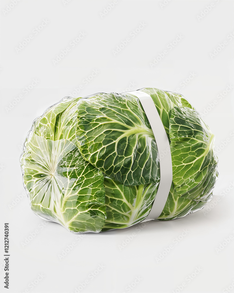 Fototapeta premium Freshly wrapped cabbage head ready for sale at a local market in the early morning light