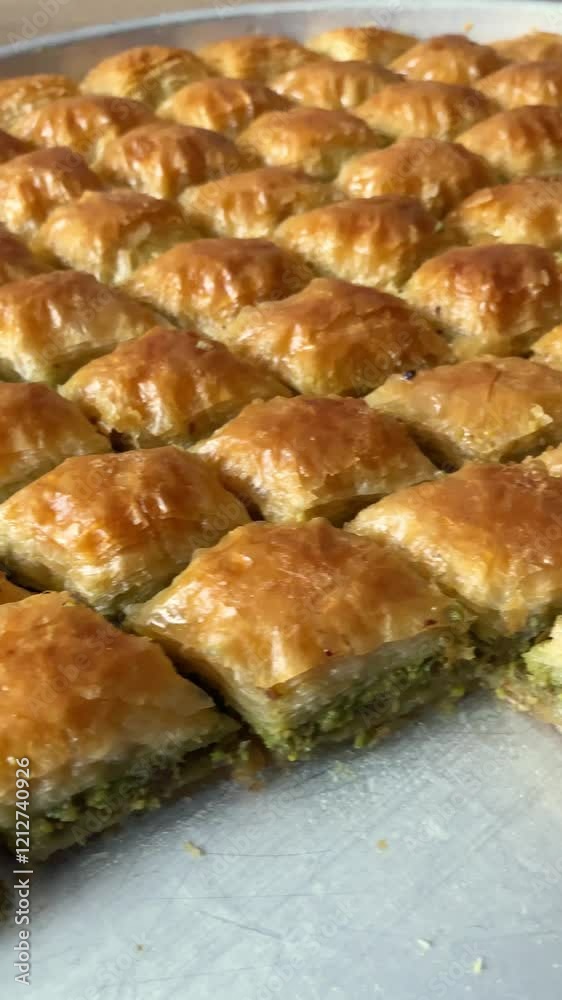 A close-up image showcasing the golden layers of freshly made traditional baklava, highlighting its flaky texture and pistachio filling. A close-up image showcasing the golden layers of freshly made traditional baklava, highlighting its flaky texture and pistachio filling.