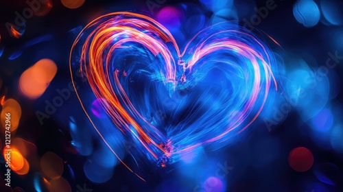 Vibrant Blue and Orange Heart Light Trails Abstract Background with Bokeh Effects in Deep Blue and Colorful Hues