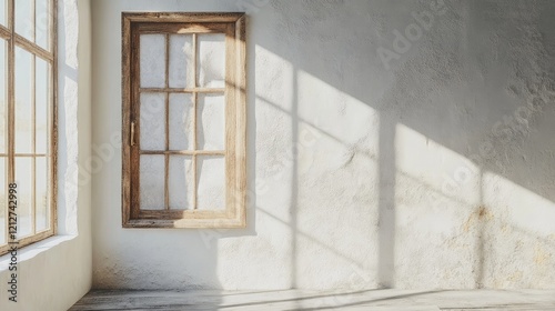 Vintage wooden window casting natural light and shadows on a textured white wall in a rustic interior setting.